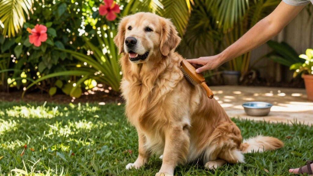 A golden retriever sits calmly on a lush lawn while being gently brushed in a tropical garden.