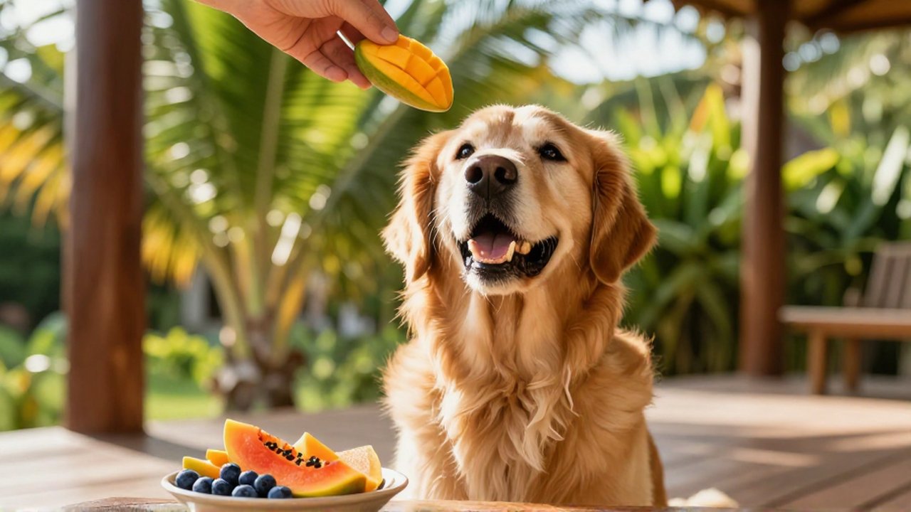 A happy Golden Retriever sits on a sunlit veranda next to a bowl of fresh fruit.