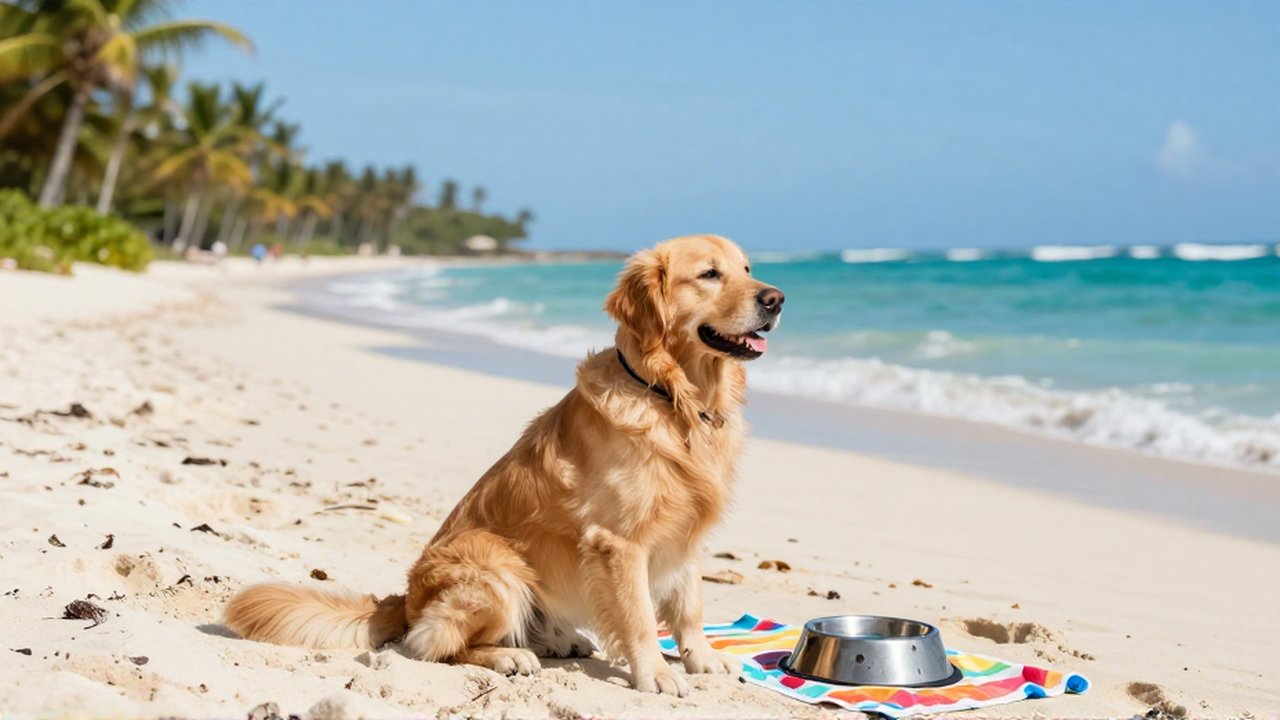 A happy Golden Retriever sits on a tropical beach next to a water bowl and striped towel.