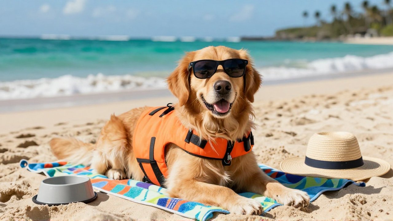 A happy golden retriever wearing sunglasses and a life vest rests on a beach towel by the turquoise ocean.