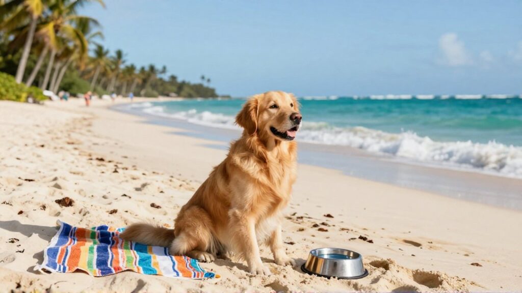 A happy Golden Retriever sits on a sandy beach next to a colorful towel and water bowl.