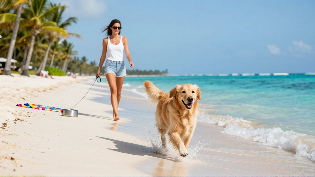 A happy Golden Retriever splashes through shallow turquoise waves on a sunny Punta Cana beach.