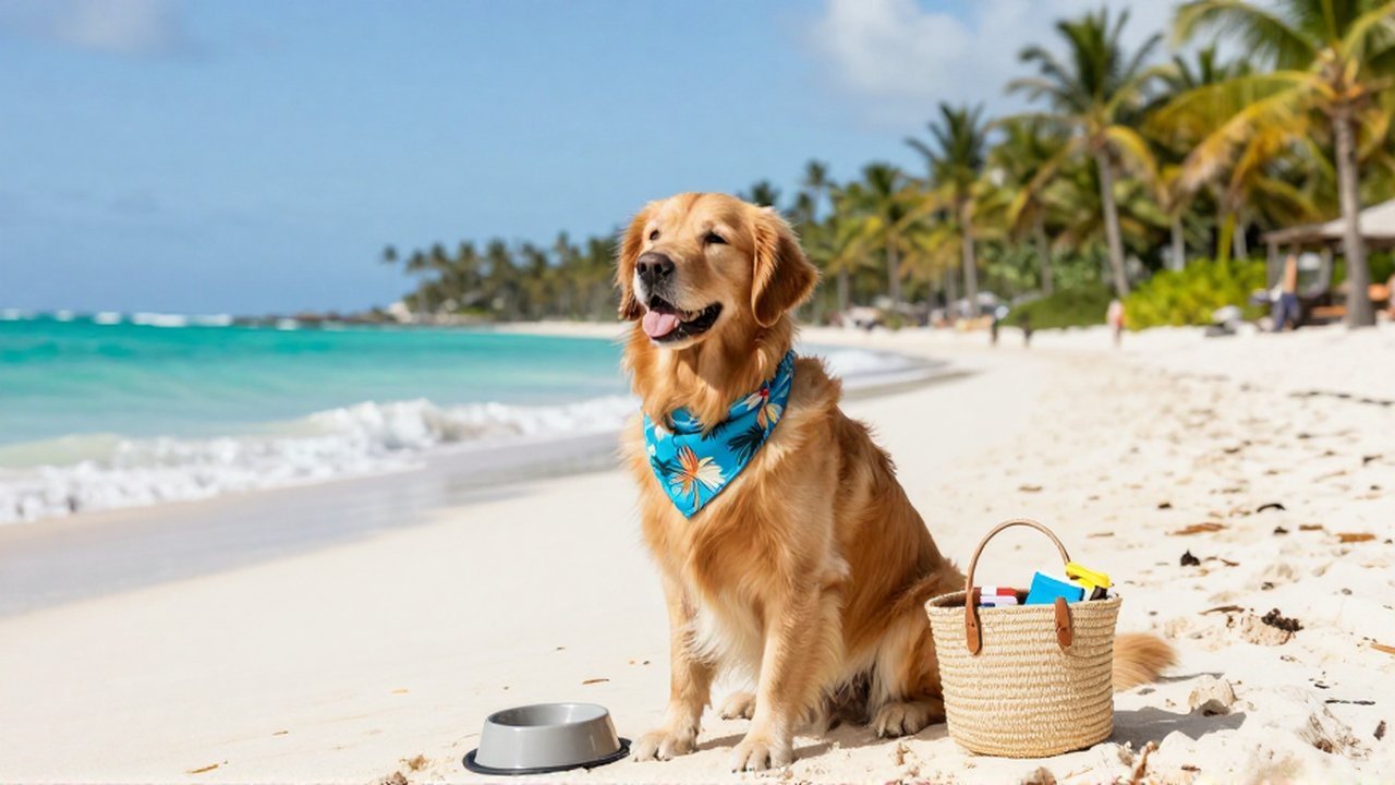 A happy Golden Retriever wearing a blue bandana sits on a sandy beach by turquoise ocean waves.