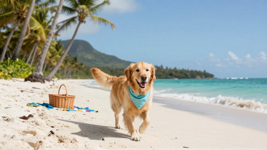 A happy Golden Retriever wearing a light blue bandana trots along a tropical Samaná beach.