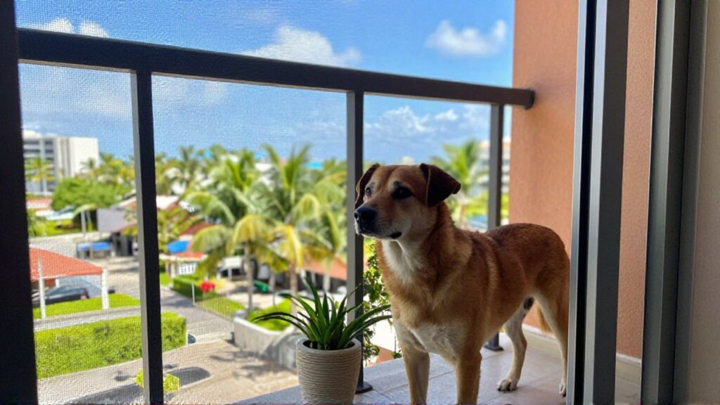 An attentive dog peers through a protective mesh screen on a sunny