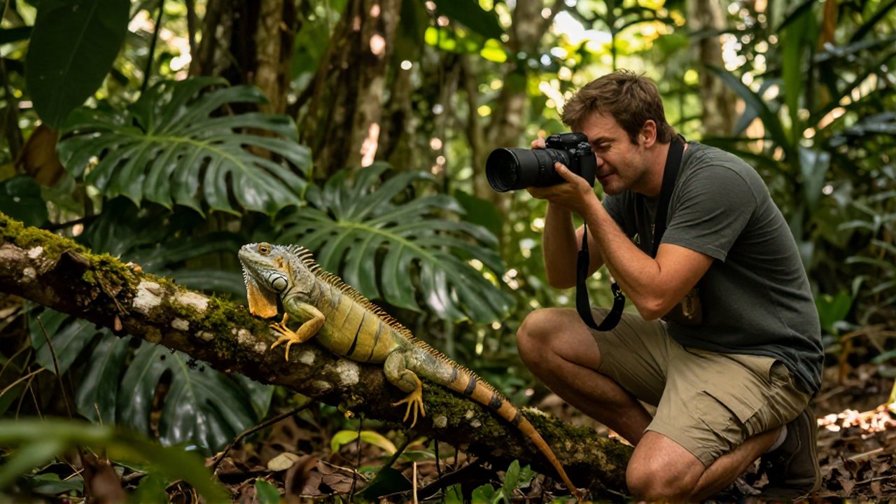 A wildlife photographer uses a professional camera to observe a small green iguana in a lush tropical forest.