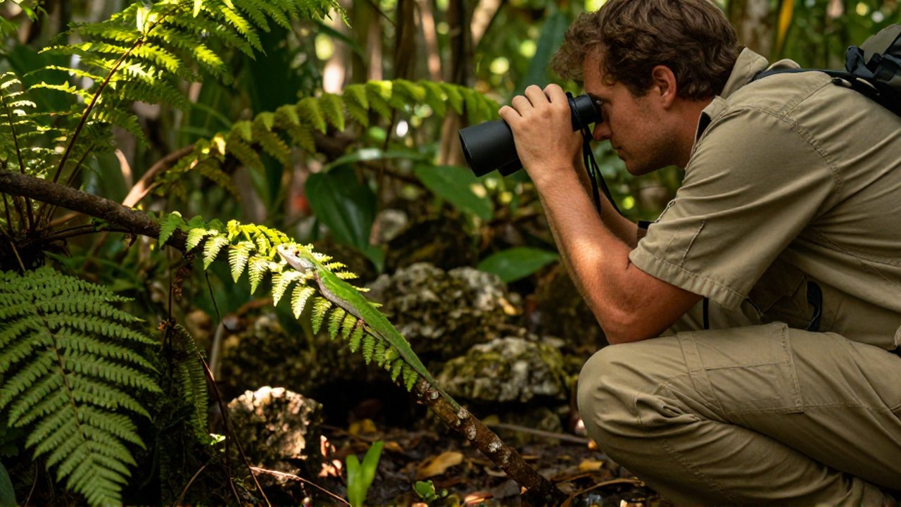 An observer in earth-toned clothing watches a small green anole lizard on a branch in a lush jungle.
