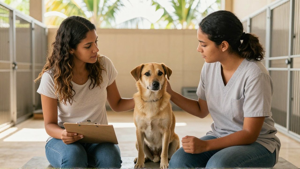 A person with a clipboard talks to a worker near a calm dog in a sunlit animal shelter.