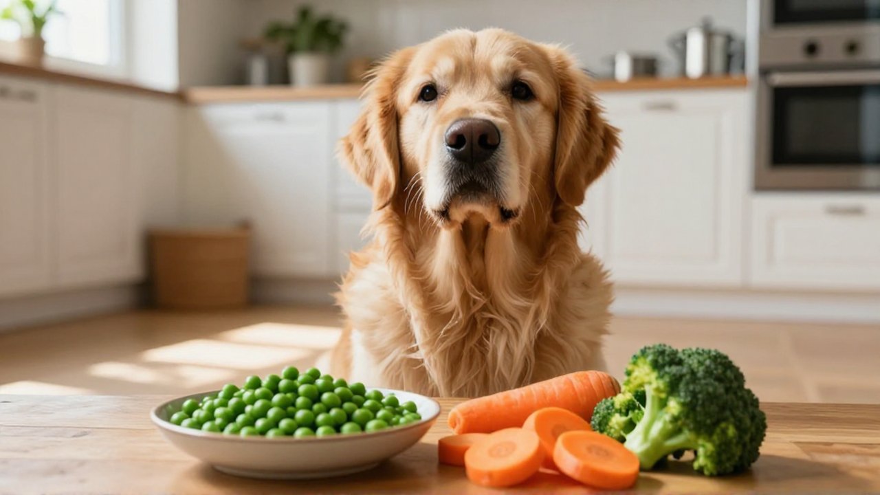 A Golden Retriever sits on a kitchen floor, looking expectantly at a bowl of colorful vegetables.