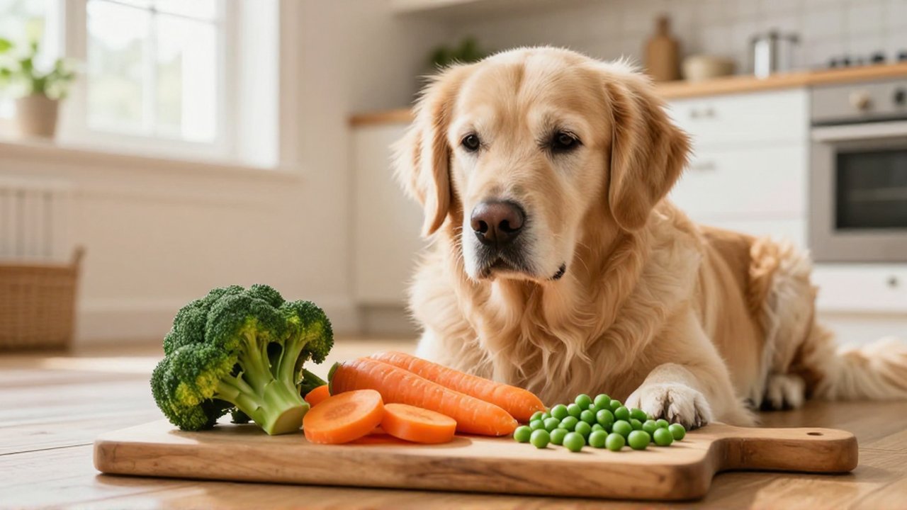A Golden Retriever sits on a wooden floor, curiously watching an assortment of fresh vegetables.