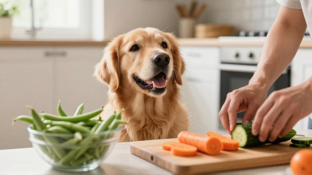 A happy Golden Retriever sits on a kitchen floor looking up at fresh vegetables being prepared.