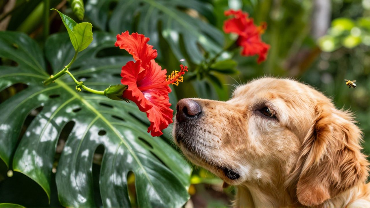 A Golden Retriever sniffs a tropical flower as a honeybee hovers near its nose.