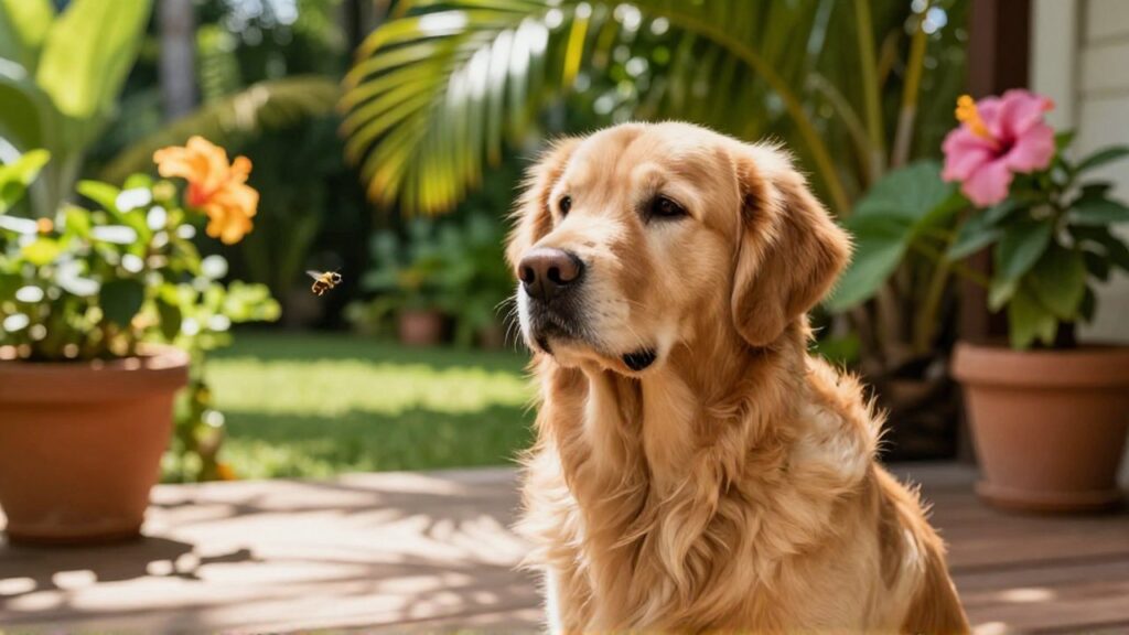 A Golden Retriever sits calmly on a sun-drenched wooden patio amidst a lush tropical garden.