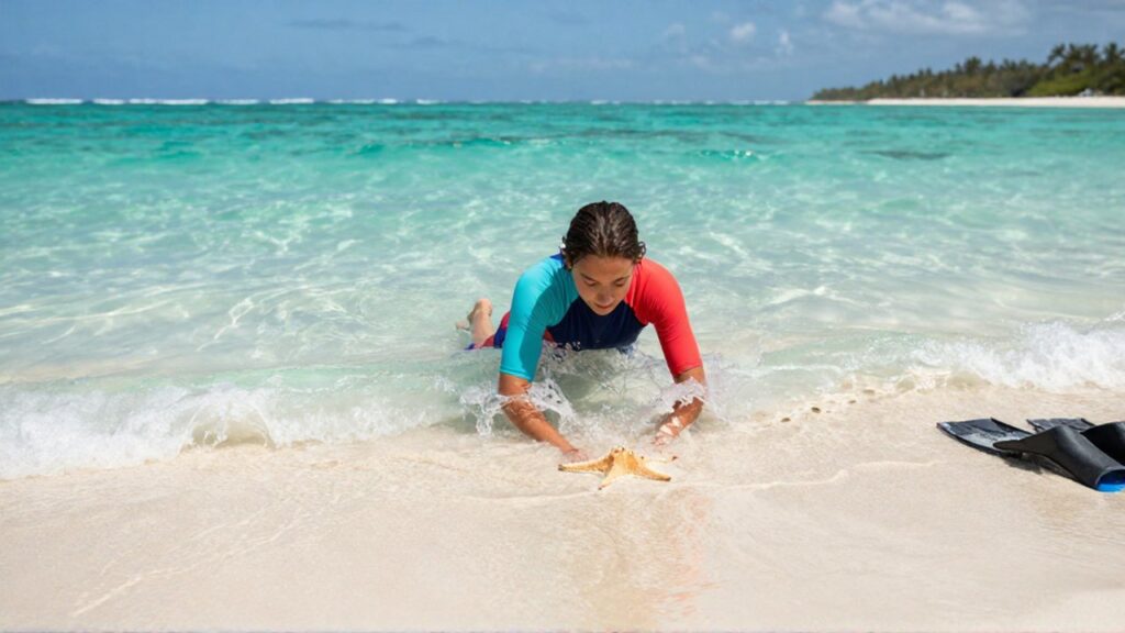 A person in a colorful rash guard wades through turquoise water to observe a starfish on the sandy seabed.