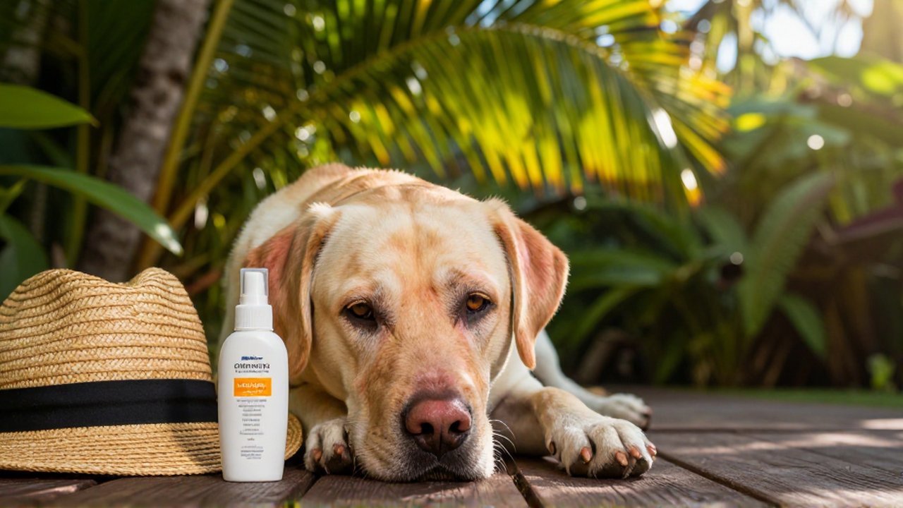A short-haired Labrador Retriever with slightly pink ears rests on a wooden deck near pet sunscreen.