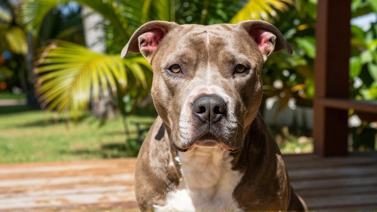 A short-haired Pitbull mix sits on a tropical patio, showing pinkish skin irritation on its ear and snout.