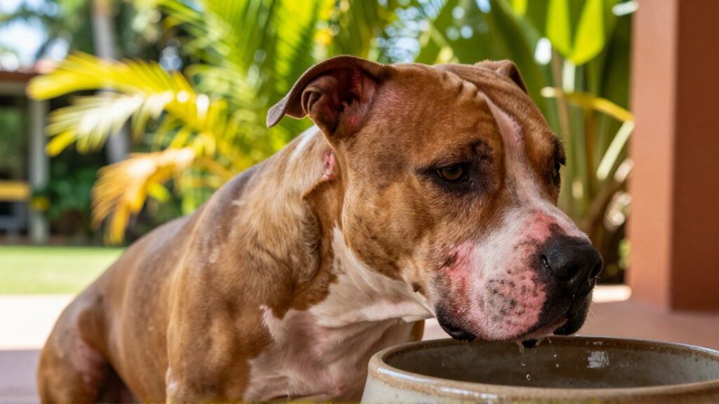 A short-haired Pitbull mix with irritated