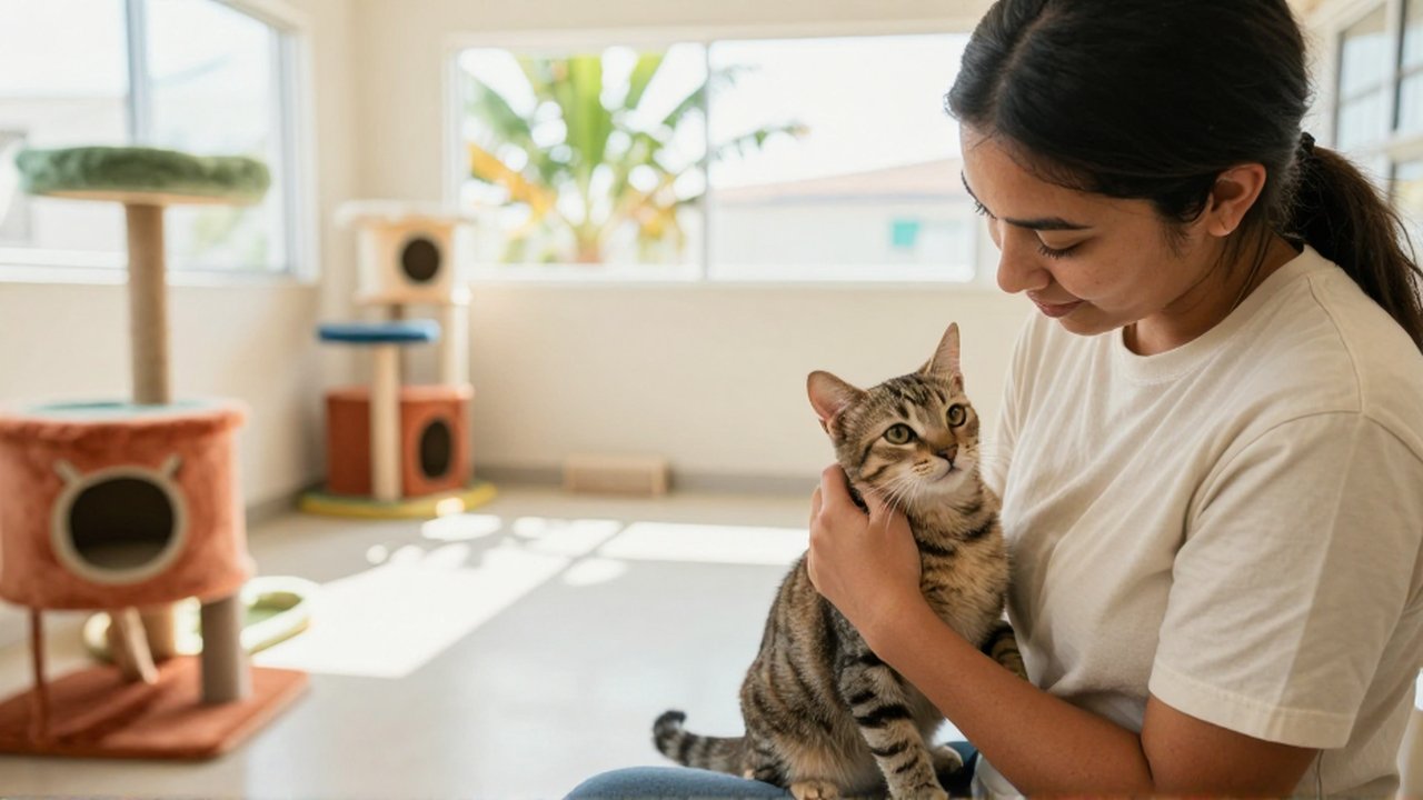 A volunteer gently cradles a small tabby cat in a sunlit, airy animal shelter.