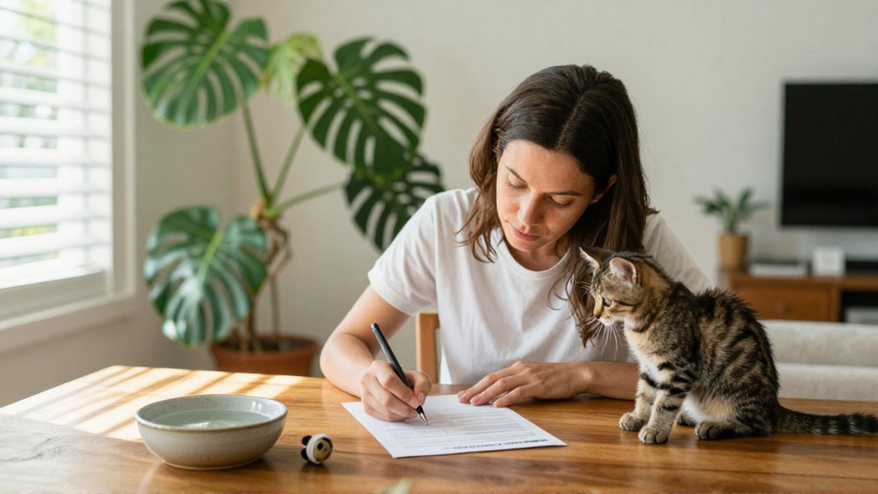 A woman fills out an adoption application at a sunlit table beside a curious tabby kitten.