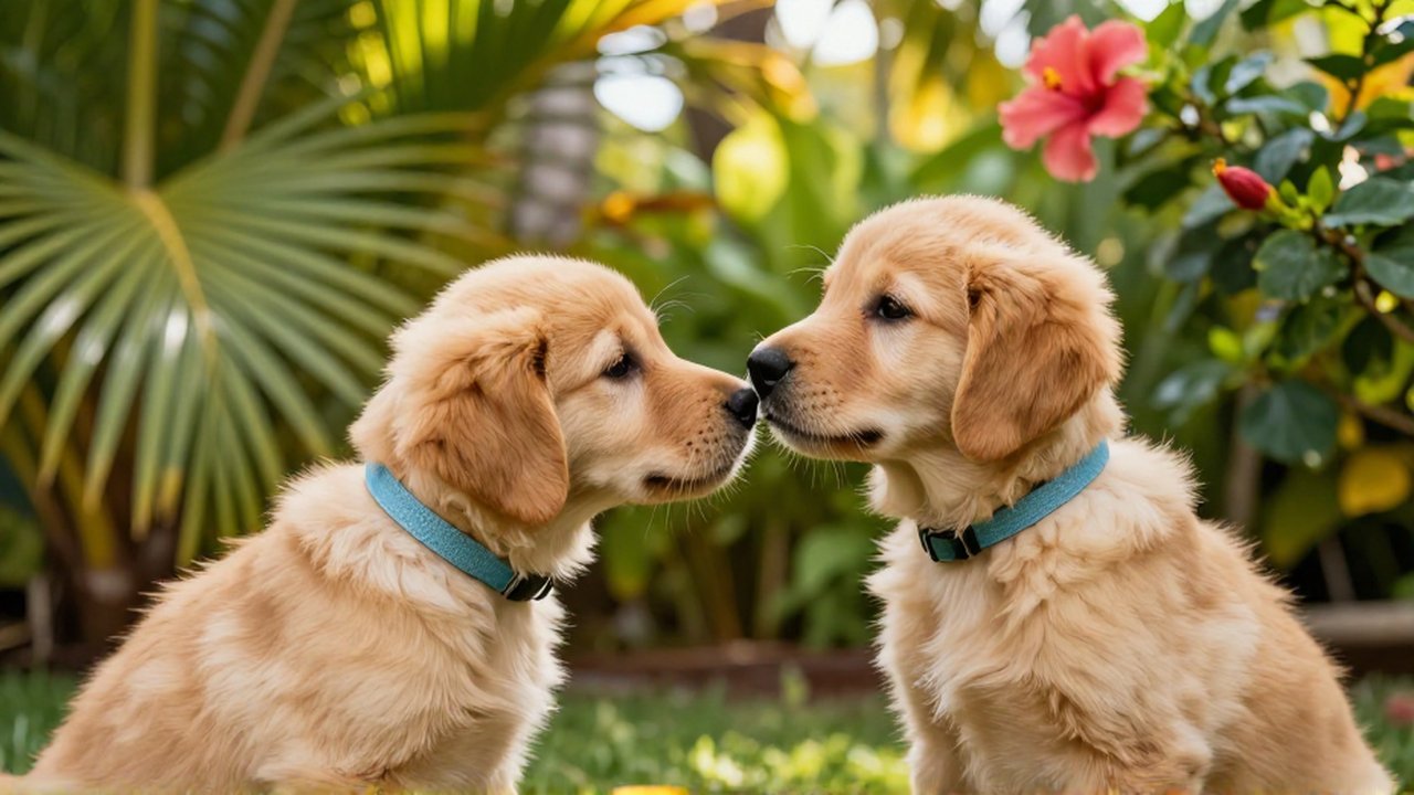 A Golden Retriever puppy cautiously sniffs the nose of a calm street dog in a sun-drenched tropical garden.