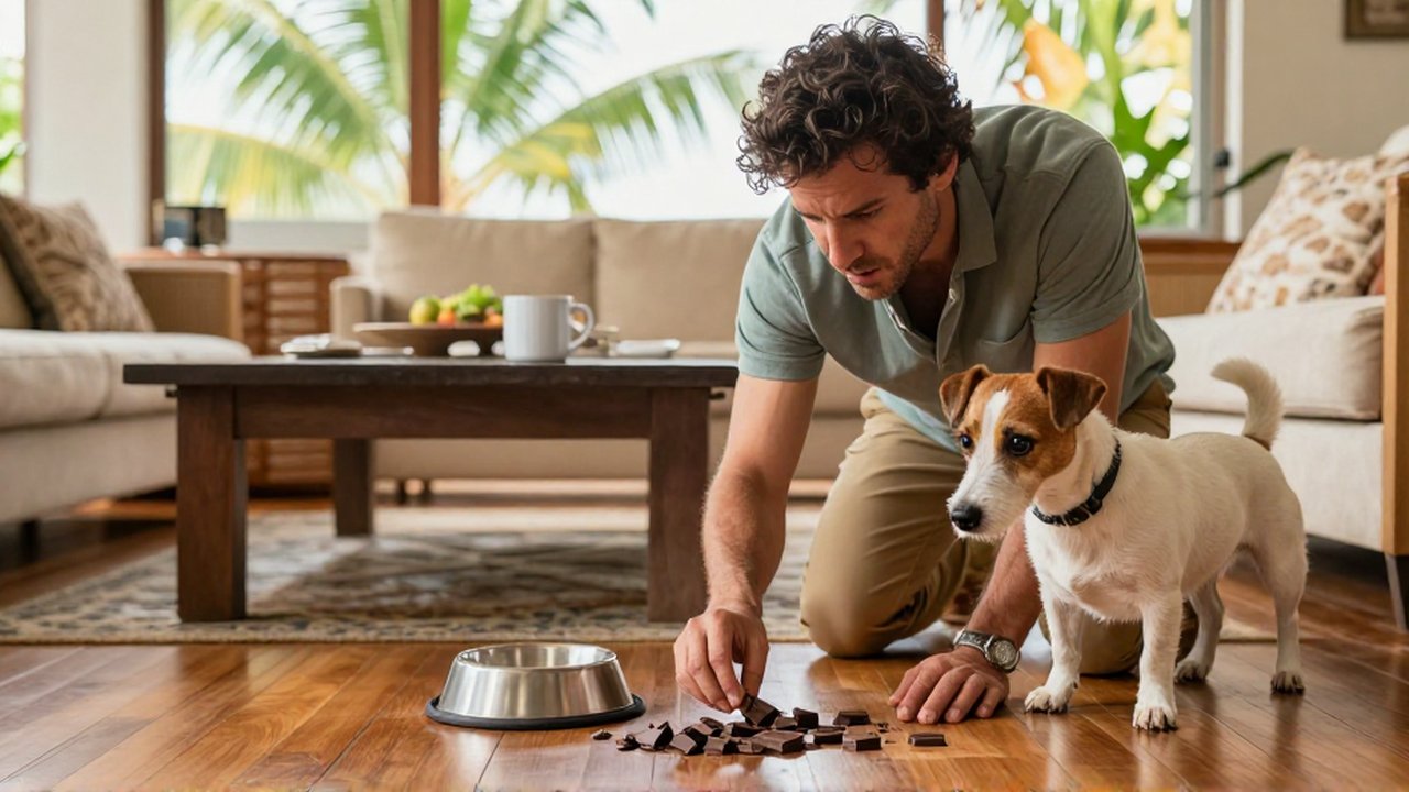 A concerned person kneels on a sunlit floor to pick up spilled chocolate near a worried Jack Russell Terrier.