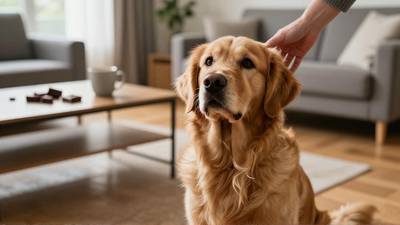 A worried Golden Retriever looks up at a reaching hand near scattered broken chocolate.