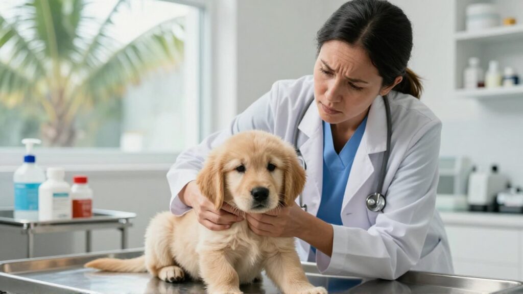 A worried female veterinarian examines a distressed Golden Retriever puppy on a stainless steel table.