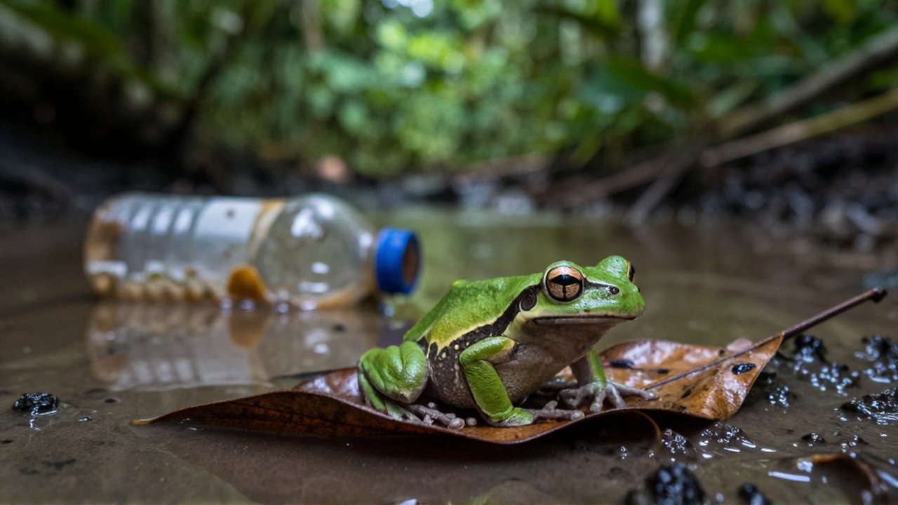 A brightly colored tropical tree frog sits on a leaf near a polluted, murky stream.