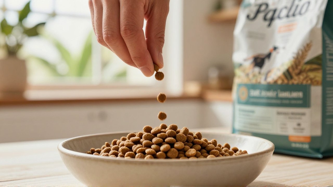 A person pours new premium kibble into a ceramic bowl filled with existing pet food.