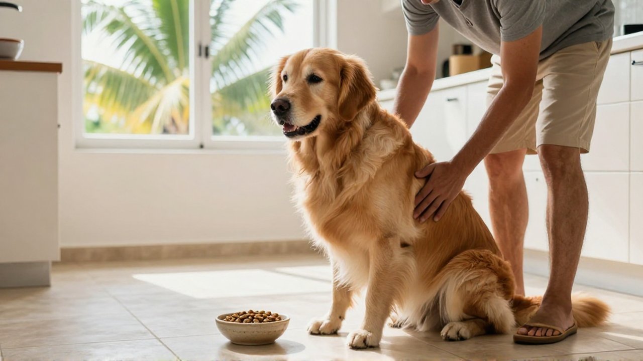 A concerned owner gently checks a golden retriever's abdomen in a sunlit kitchen.