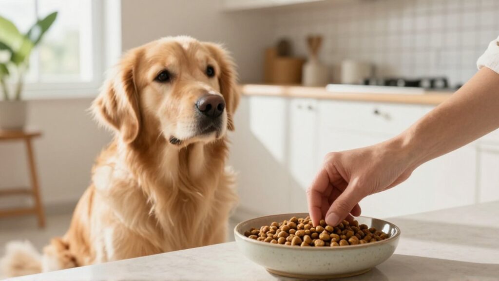 A golden retriever looks up expectantly as a person mixes old and new kibble in a bowl.