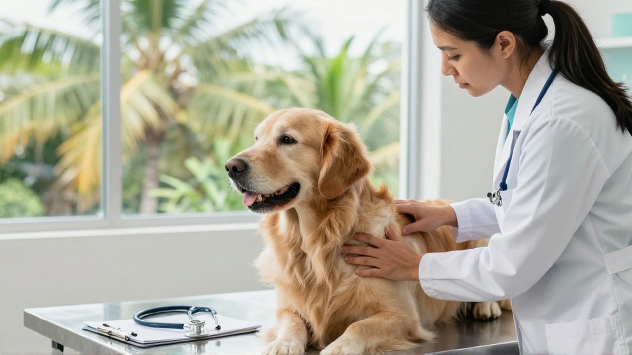 A female veterinarian gently examines a calm Golden Retriever's abdomen on a stainless steel table.