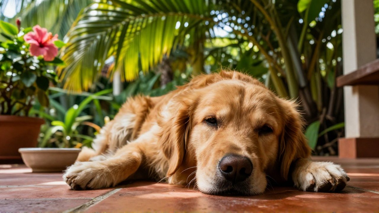 A tired golden retriever lies on a shaded veranda next to a water bowl in a tropical garden.