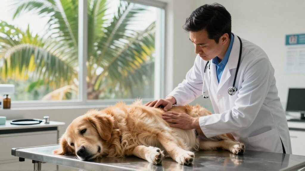 A veterinarian gently examines the abdomen of a lethargic Golden Retriever in a bright