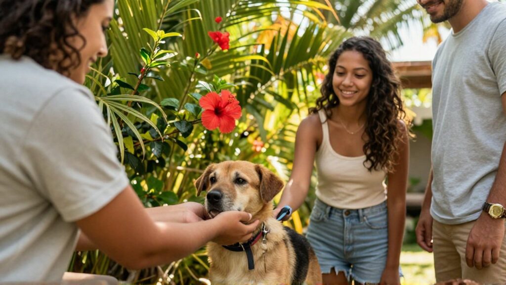 A person hands a medium-sized dog on a leash to a smiling couple in a lush tropical garden.