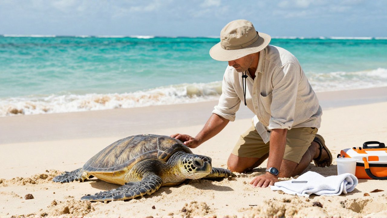 A conservationist kneels on a sunny Dominican beach to observe a stranded sea turtle.