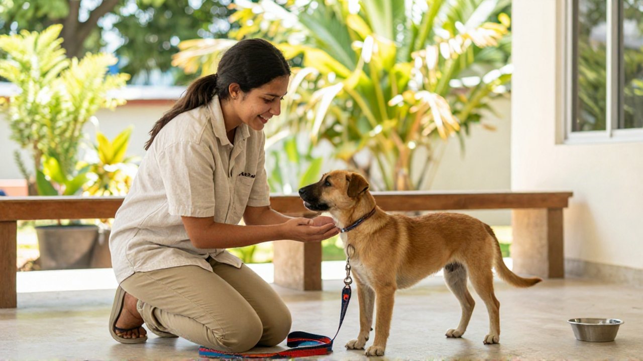 A volunteer gently introduces a calm rescue dog to a prospective adopter in a sunlit shelter.