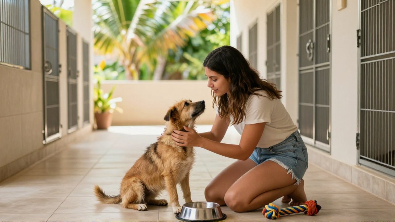 A woman kneels in a bright animal shelter to pet a hopeful-looking rescue dog.
