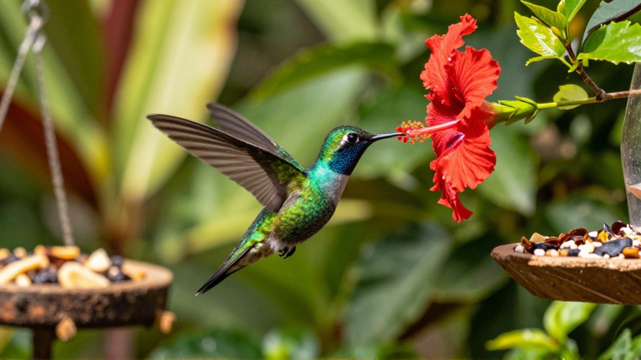 An iridescent green and turquoise hummingbird sips nectar from a bright red hibiscus flower in a lush garden.