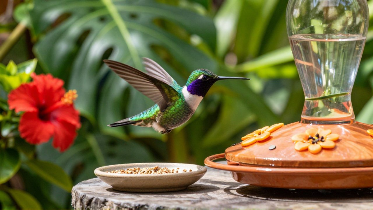 A vibrant hummingbird hovers near a wooden feeder in a lush, sun-drenched tropical garden.