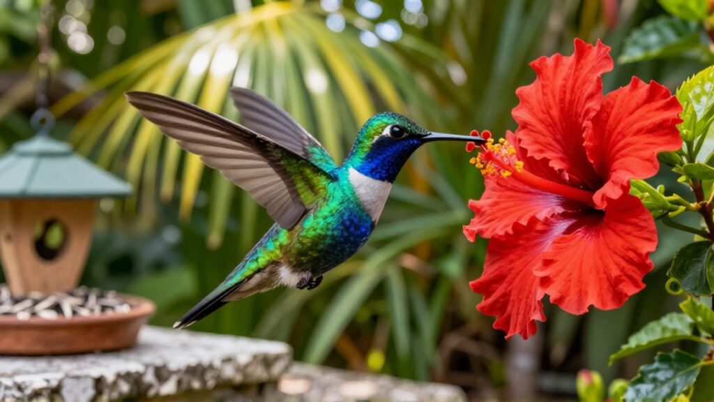 An iridescent green and blue hummingbird sips nectar from a red hibiscus flower in a lush garden.