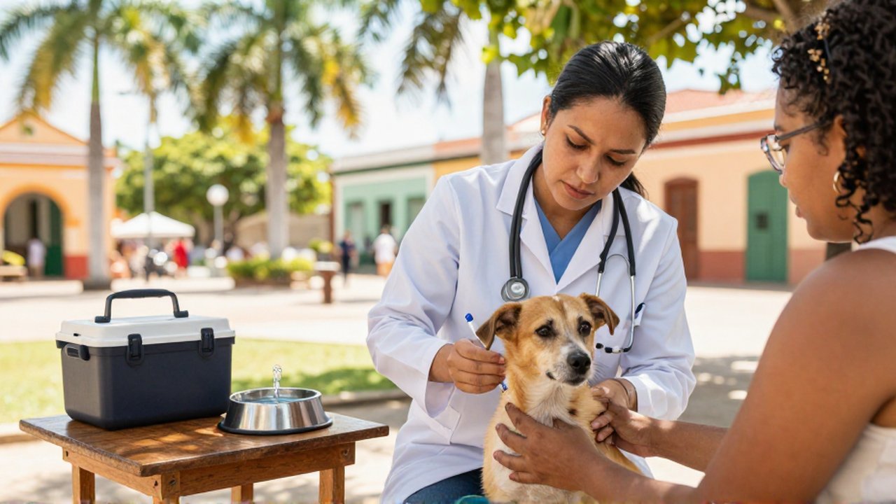 A veterinarian gently administers a vaccine to a small dog during an outdoor community health fair.