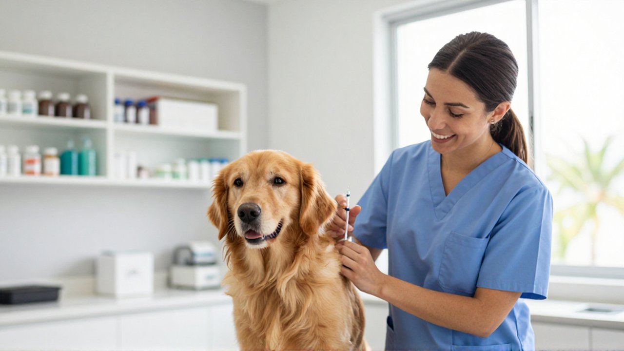 A veterinarian in blue scrubs carefully administers a vaccination to a calm golden retriever in a modern clinic.