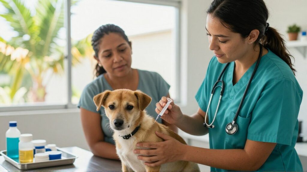 A veterinarian in teal scrubs gently examines a small rescue dog during a vaccination appointment.